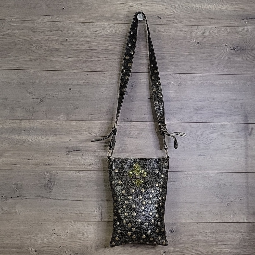 Bridget Shuster Brown Leather Brass Studded Crystal Crossbody Shoulder Bag Purse